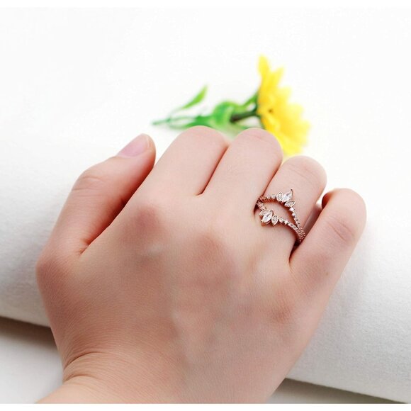 🆕 Women Gold Marquise Stack Rings Sterling Crown Wedding Engagement Guard Gift - Picture 2 of 8